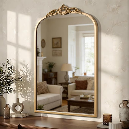 1 Set Vintage Mirror 20x30 Gold Antique Baroque Arched Ornate Traditional Brass Mirror and 8.5x12 Vintage Vanity Makeup Desk Table Mirror for Bathroom Entryway Living Room Hallway Fireplace
