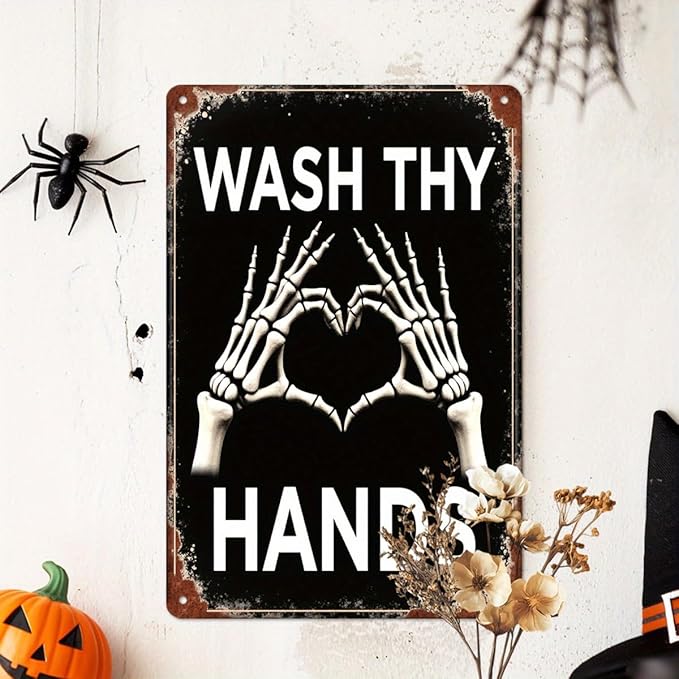 Wash Thy Hands Skeleton Metal Tin Sign Halloween Decor Vintage Wall Art Rustic Bathroom Kitchen Entryway Home Decorative Signs Metal Poster 8x12 Inch