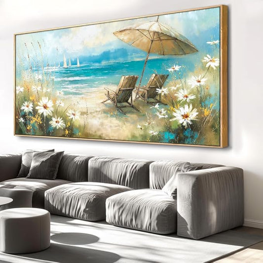 Beach Landscape Wall Art - Framed Modern Canvas Painting for Living Room, Bedroom Home Office Decor, 48x24 Inch Ready to Hang