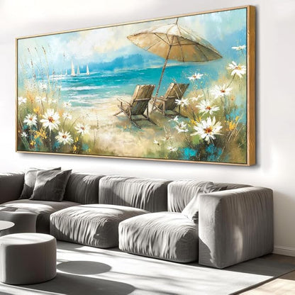 Beach Landscape Wall Art - Framed Modern Canvas Painting for Living Room, Bedroom Home Office Decor, 60x30 Inch Ready to Hang