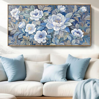Large Framed Modern Blue Gray And White Wall Art For Living Room, Botanical Landscape Canvas Prints, Blooming Flower Pictures For Bedroom, Bathroom, Dining Room, Hallway 48X24