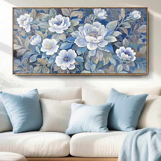 Large Framed Modern Blue Gray And White Wall Art For Living Room, Botanical Landscape Canvas Prints, Blooming Flower Pictures For Bedroom, Bathroom, Dining Room, Hallway 48X24