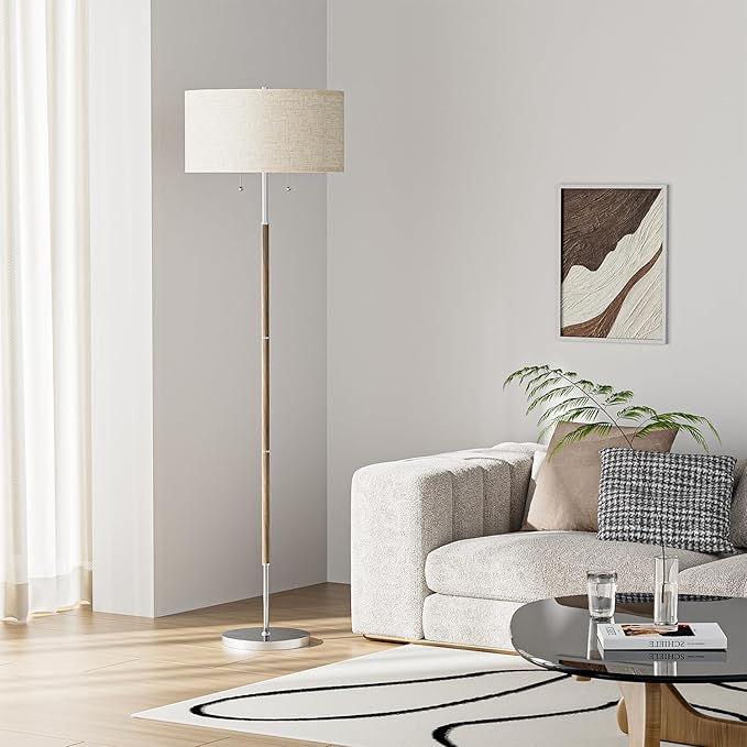 Karjoefar 2-Light Floor Lamp, Mid Century Floor Lamp with Beige Lampshade, Standing Lamp Tall Lamp for Living Room Bedroom, 3 Color Temperatures 9W Bulb Include