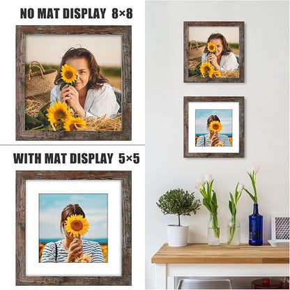 8x8 Picture Frame Distressed Rustic Brown Wood Set of 6,Display Pictures 5x5 with Mat or 8x8 Without Mat,Multi Photo Frames Collage for Wall or Tabletop Display