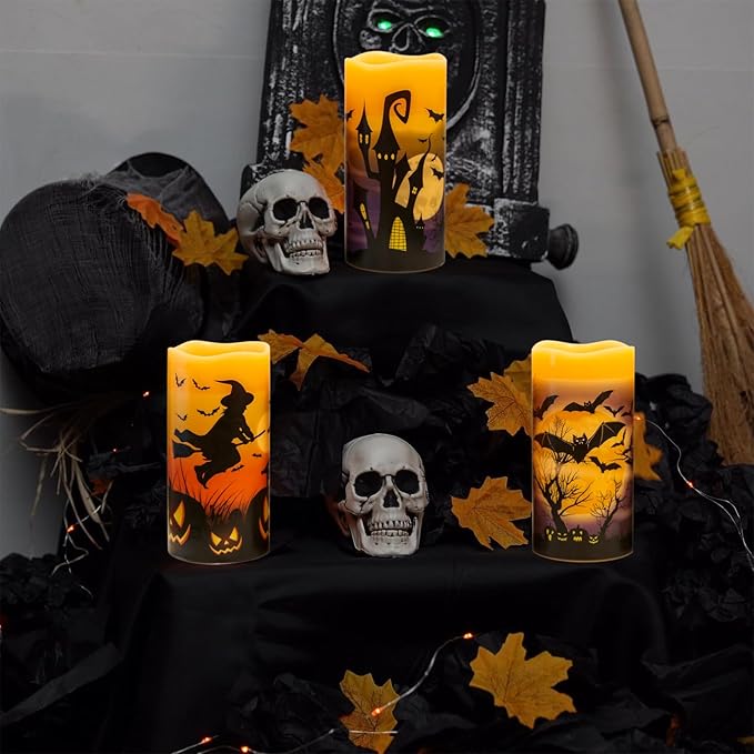 Rechargeable Halloween Flameless Candles Battery Operated with 6 Hour Timer Real Wax Flickering LED Pillar Candles Bats Witch Pumpkin Dinner Halloween Indoor Deocration(3 Pack, 3" D x 6" H)
