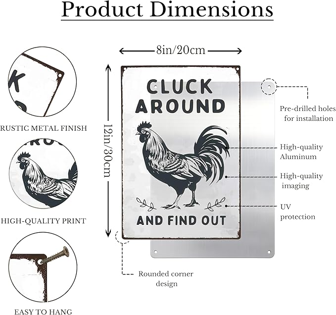 Funny Chicken Metal Sign Cluck Around and Find Out Tin Sign Fun Rooster Tin Signs Decor Rustic Farmhouse Sign for Farm Chicken Coop Farmhouse Kitchen Yard Fence 8 X 12 Inch