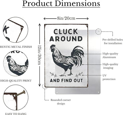 Funny Chicken Metal Sign Cluck Around and Find Out Tin Sign Fun Rooster Tin Signs Decor Rustic Farmhouse Sign for Farm Chicken Coop Farmhouse Kitchen Yard Fence 8 X 12 Inch