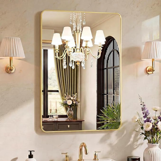 OLIXIS Bathroom Mirror for Over Sink, 38x26 Inch Wall Mount Mirror with Rounded Rectangle and Matte Metal Framed, Modern Wall Vanity Mirror for Home Decor, Living Room, Bedroom, Gold