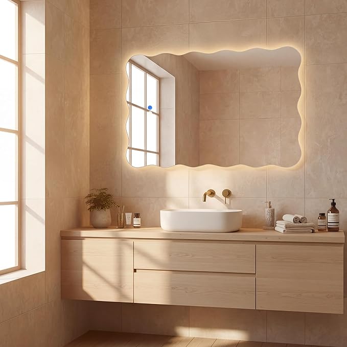Wavy Led Bathroom Mirror- Vanity Mirror with Lights IP54 Enhanced Anti-Fog, 24"x36" Single Piece 3 Colors Dimmable, Memory,Tempered Glass,UL Listed