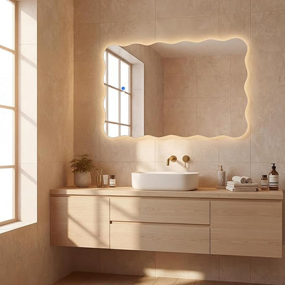 Dorlicecass Wavy Led Bathroom Mirror- Vanity Mirror with Lights IP54 Enhanced Anti-Fog, 20"x30" Single Piece 3 Colors Dimmable, Memory,Tempered Glass,UL Listed