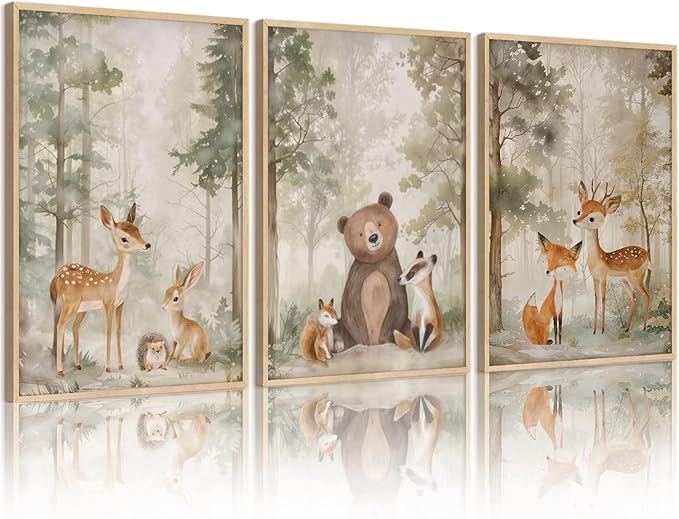 Tocliky Woodland Nursery Wall Art Decor Animal Forest Canvas Prints Baby Boy Room Wall Decor Bear Nursery Nature Pictures Deer Prints Artwork for Boy Girl Kids Bedroom 12x16 Inch Unframed Set of 3