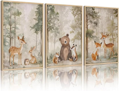 Tocliky Woodland Nursery Wall Art Decor Animal Forest Canvas Prints Baby Boy Room Wall Decor Bear Nursery Nature Pictures Deer Prints Artwork for Boy Girl Kids Bedroom 12x16 Inch Unframed Set of 3