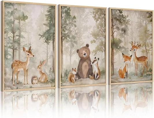 Tocliky Woodland Nursery Wall Art Decor Animal Forest Canvas Prints Baby Boy Room Wall Decor Bear Nursery Nature Pictures Deer Prints Artwork for Boy Girl Kids Bedroom 12x16 Inch Unframed Set of 3
