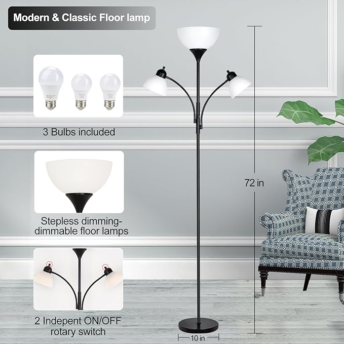 RISLG Floor Lamps for Living Room,Standing Lamp with Stepless Dimming, 3 Lights Adjustable Reading Lights, Morden Tall Lamps for Living Room, Bedroom, Office