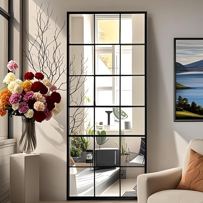 Dewfig 65"x 24" Window pane Full Length Mirror, Wall Mirror, Floor Standing Mirrors, Farmhouse Long Full Body Mirrors Wall Mounted for Living Room, Bedroom, Entryway, Fireplace, Black