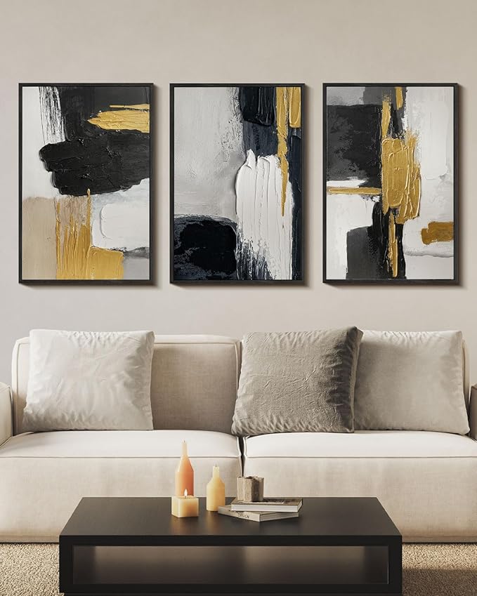 Extra Large Abstract Hand Applied Raised Paint Texture Canvas Wall Art Set of 3, Black White Gold Triptych Artwork Solid Wood Frame 24x36", Modern Oversized Luxury Living Room Office Bedroom Decor