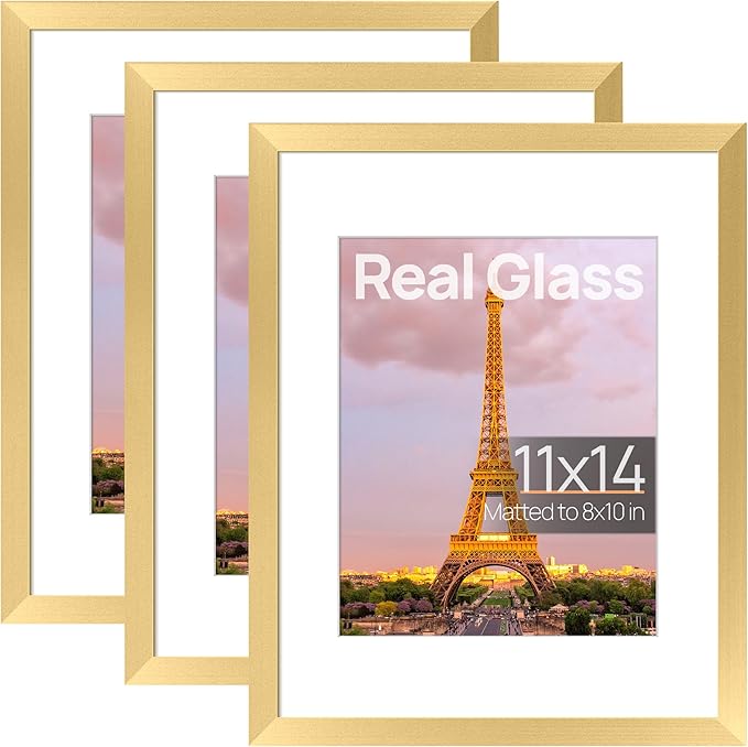 upsimples 11x14 Picture Frame Set of 3, Made of High Definition Glass for 8x10 with Mat or 11x14 Without Mat, Wall and Tabletop Display Photo Frames, Gold