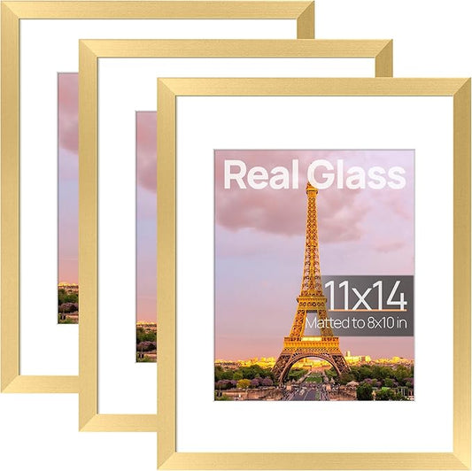 upsimples 11x14 Picture Frame Set of 3, Made of High Definition Glass for 8x10 with Mat or 11x14 Without Mat, Wall and Tabletop Display Photo Frames, Gold