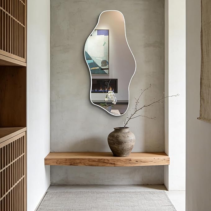 Irregular Frameless Mirror, 35.8"x17.7" Silver Asymmetrical Tempered Glass Mirror, Modern Abstract Wall Mirrors for Living Room Bedroom Hallway Entryway, Horizontal or Vertical Hanging