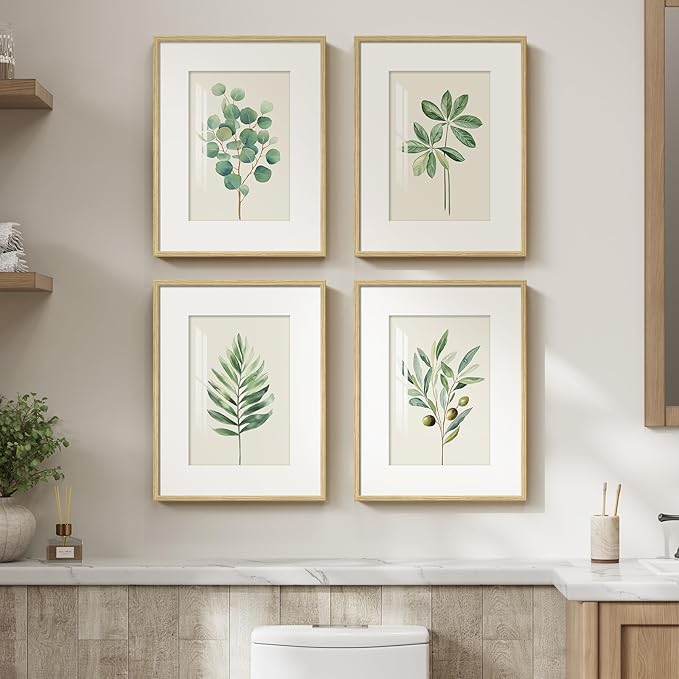 Framed Sage Green Botanical Wall Art for Bathroom, 4 piece Farmhouse Minimalist Plant Artwork for Walls, Boho Green White Leaf Picture Prints for Bedroom Kitchen Living Room Wall Decor 11x14
