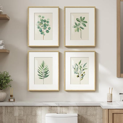 Framed Sage Green Botanical Wall Art for Bathroom, 4 piece Farmhouse Minimalist Plant Artwork for Walls, Boho Green White Leaf Picture Prints for Bedroom Kitchen Living Room Wall Decor 11x14