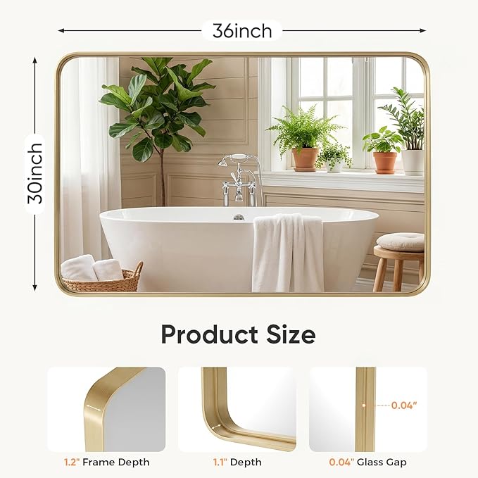 Sweetcrispy Bathroom Wall Mirror, 36x30 Inch Wall Mount Mirror for Over Sink, Modern Rounded Rectangle Vanity Mirror with Matte Metal Framed, for Home Decor, Living Room, Bedroom, Gold