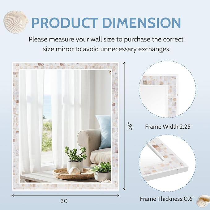 Tanmicoshomy Brown Shell Framed Rectangular Wall Mirrors for Bathroom, 30x36 Inch Mosaic Mirror for Bedroom Living Room or Entryway, Wall Mounted Horizontal or Vertical Hanging