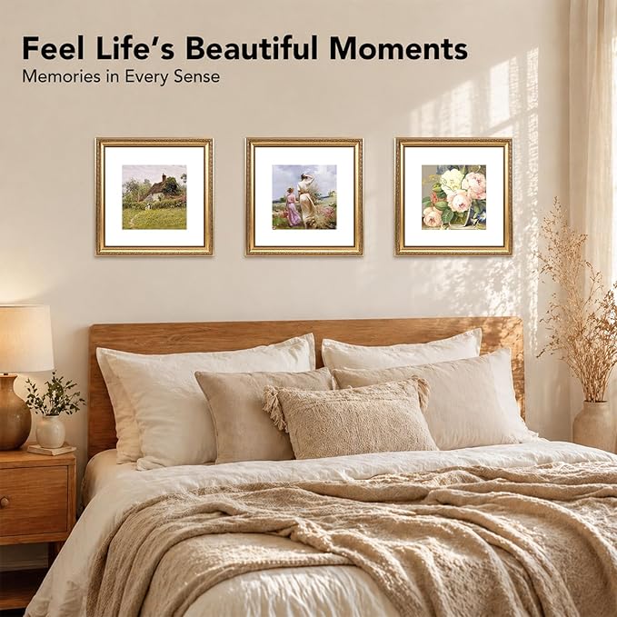 JCJMY 12x12 Vintage Picture Frame with 8x8 Mat Set of 4, Elegant Retro 12 by 12 Photo Frame with Shatter-Resistant Plexiglass for Wall Hanging, Gallery Decor & Gift, Gold, 4 Pack