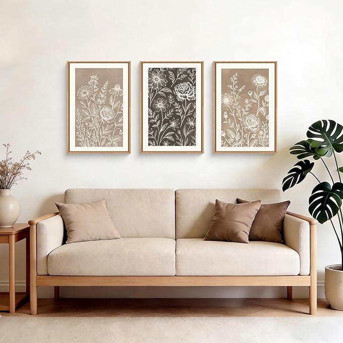 Neutral Boho Flower Framed Canvas Wall Art Set,Vintage Moody Rose Peony Daisy Wildflower Decor,Modern Natural Brown Black Floral Botanical Artwork for Living Room,Bedroom,Farmhouse-16 x24 x3
