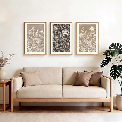 Neutral Boho Flower Framed Canvas Wall Art Set,Vintage Moody Rose Peony Daisy Wildflower Decor,Modern Natural Brown Black Floral Botanical Artwork for Living Room,Bedroom,Farmhouse-16 x24 x3