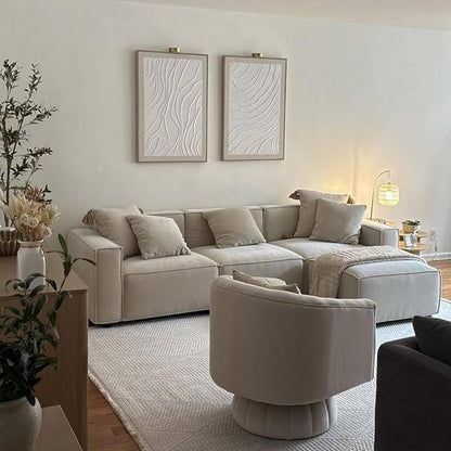 Acanva Luxury Modular Sectional Living Room Sofa Set, Modern Minimalist Style Couch with Ottoman and Chaise, L-Shape, Linen-Like Cream | Minimalist Style