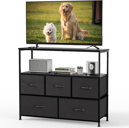 DUMOS TV Stand, Dresser with 5 Fabric Storage Drawers, Media Console Featuring Open Shelf for TV, Compact Entertainment Unit for Bedroom, Living Space, or Dorm Organization, Black