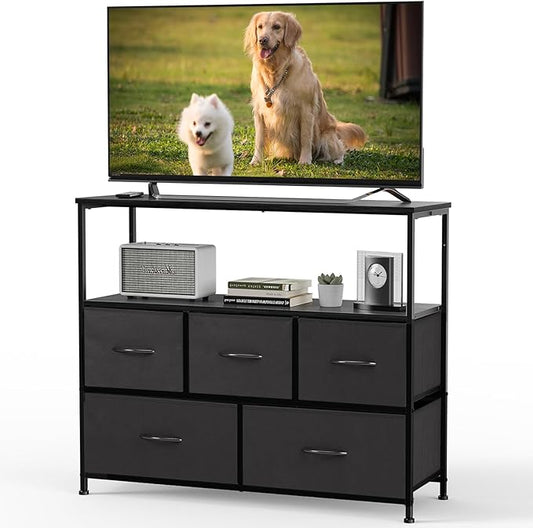 DUMOS TV Stand, Dresser with 5 Fabric Storage Drawers, Media Console Featuring Open Shelf for TV, Compact Entertainment Unit for Bedroom, Living Space, or Dorm Organization, Black