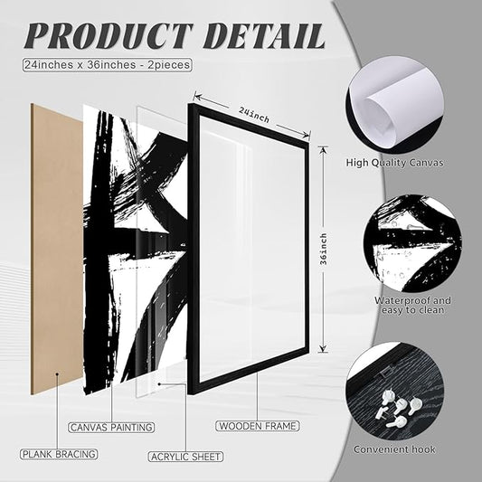 Black and White Wall Art Abstract Modern Painting Minimalist Line Canvas Wall Art Decor Black And White Poster Abstract Artwork Prints for Living Room Bedroom 24x36 Inch Wood Framed Set of 2