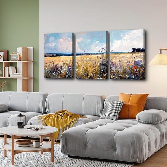 TTHYUEWS Wall Art For Bedroom Canvas Wall Decor For Living Room Field Scenery Wall Paintings Abstract Pictures Office Decorations Framed Prints Artworks Modern Bathroom Room Home Decor 3 Piece