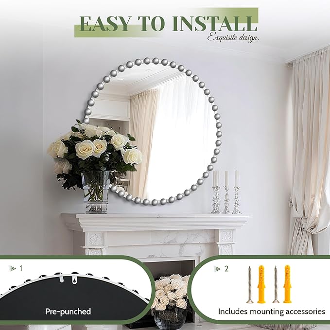 36'x36' Beaded Silver Round Wall Mirror with Metal Frame, Small Vintage Retro Baroque Ornate Vanity Mirror for Bathroom, Fireplace,Entryway, Living Room (Beaded Round Mirror)