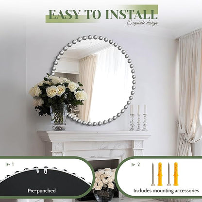 36'x36' Beaded Silver Round Wall Mirror with Metal Frame, Small Vintage Retro Baroque Ornate Vanity Mirror for Bathroom, Fireplace,Entryway, Living Room (Beaded Round Mirror)