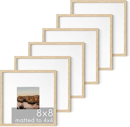 HAUS AND HUES Beige Oak Wood 8x8 Picture Frames - Set of 6, Square Frames with Mat, Minimalist Frames for Photos (8x8 in, Beige, Set of 6)
