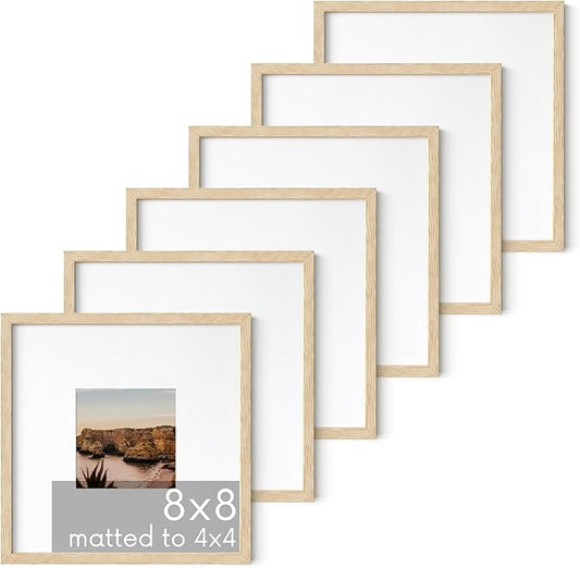 HAUS AND HUES Beige Oak Wood 8x8 Picture Frames - Set of 6, Square Frames with Mat, Minimalist Frames for Photos (8x8 in, Beige, Set of 6)