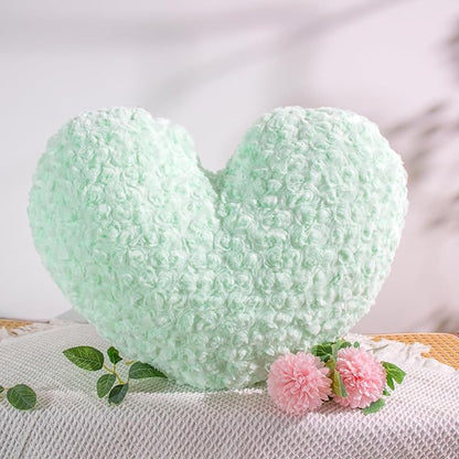 16" Minty Sage Heart Pillow, Luxury 600GSM Rose Textured Faux Rabbit Fur, Fresh Seafoam Green Aesthetic Throw Pillow for Bedroom, Soft Matte Pastel Green Heart Cushion