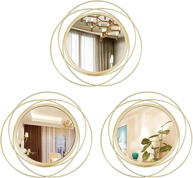 3 Set. Round Mirrors for Wall Decor Living Room Bedroom Bathroom Dining Room Metal Circle Mirror Set Boho Decorative Sunburst Wall Art Accent Entryway - Gold 9.5 in.