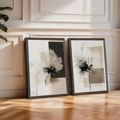 Tocliky Modern Abstract Floral Wall Art Minimalist Neutral Canvas Painting Decor Beige Cream And Black Wall Art Contemporary Flower Picture Prints for Living Room Bedroom 24x36 Inch Framed Set of 2