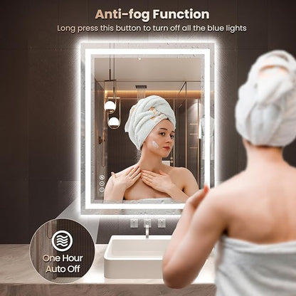 Snowdool 28"X36" LED Bathroom Mirror with Front Lights and Backlit, Anti-Fog, Dimmable, Shatter-Proof Tempered Glass, Lighted Bathroom Vanity Mirror for Wall with 3 Colors, Memory Function
