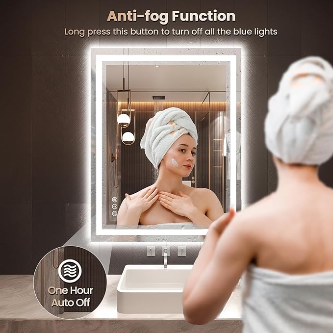 Snowdool 36"X36" LED Bathroom Mirror with Front Lights and Backlit, Anti-Fog, Dimmable, Shatter-Proof Tempered Glass, Lighted Bathroom Vanity Mirror for Wall with 3 Colors, Memory Function