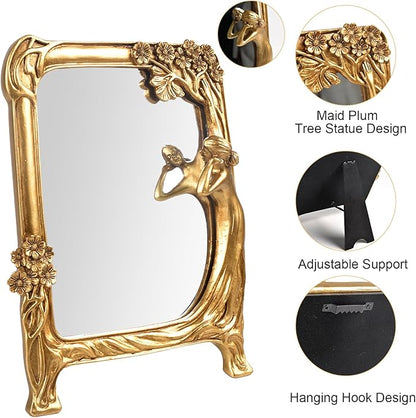 Vintage Gold Mirror Wall Decor - Small Vanity Mirrors, Antique Decorative for Desk Room, Frame Arched Victorian Decoration for Home Table, Standing Framed Gift for Furniture Living Bedroom, Rectangle