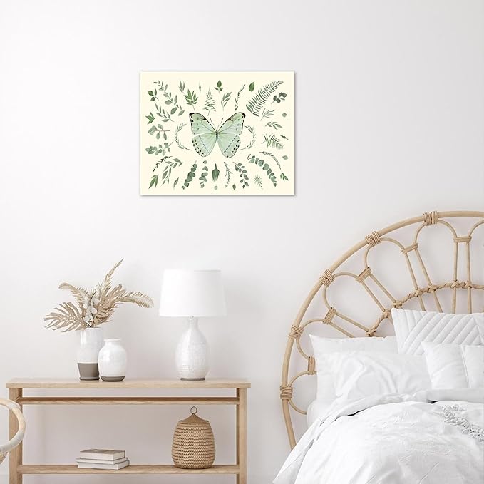 LB Sage Green Butterfly Wall Art Watercolor Leaf Eucalyptus Leaves with Butterfly Canvas Wall Art Green Plant Wall Decor for Living Room Bedroom Bathroom Framed Ready to Hang 16L x 20W Inch