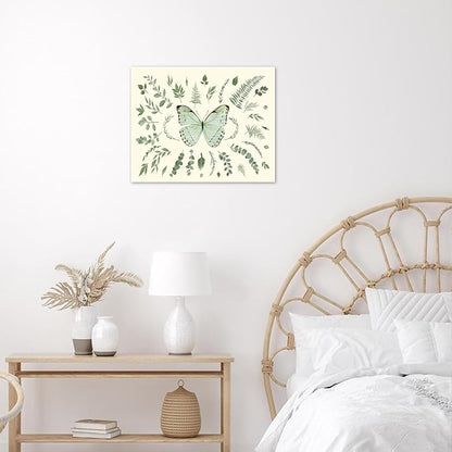 LB Sage Green Butterfly Wall Art Watercolor Leaf Eucalyptus Leaves with Butterfly Canvas Wall Art Green Plant Wall Decor for Living Room Bedroom Bathroom Framed Ready to Hang 16L x 20W Inch