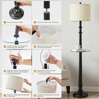 EJIAXIN Floor Lamps for Living Room with Side Table - 60" Resin Farmhouse Floor Lamp with Adjustable Color Temperatures - Vintage Standing Lamp Reading Light Retro Tall Lamp for Bedroom Office, Black