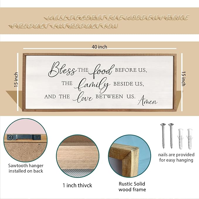 Bless the Food Before Us Wall Decor Sign 40" X 15" Dining Room Wall Decor Framed Wood for Large Farmhouse Vintage Prayer Catholic Kitchen Wall Hanging Scripture Bible Verse Art (Wood)