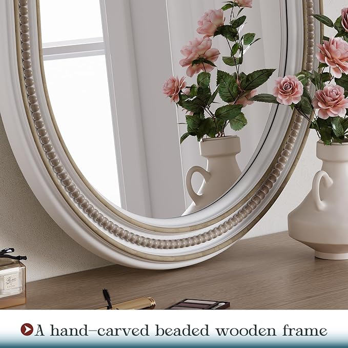 Farmhouse Boho Beaded Oval Arched Wall Mirror, 24" x 48" Rustic Wooden Large Wall Mirror for Bathroom, Bedroom, Entryway, Living Room, Hang Horizontally or Vertically.